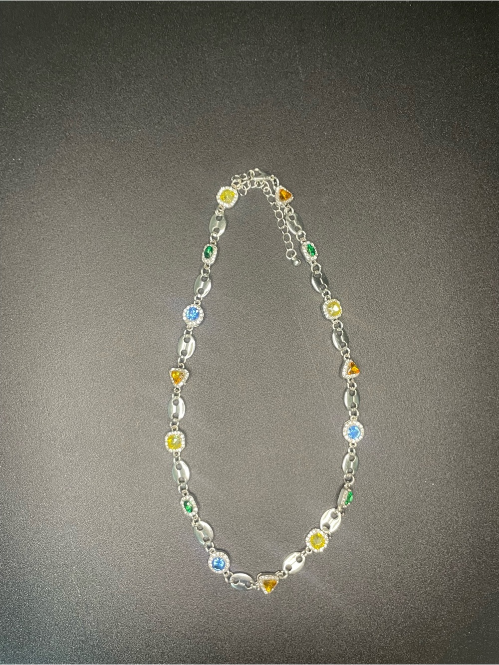 Silver Multi-Gemstone Link Necklace with Blue, Yellow, Green & Orange Stones